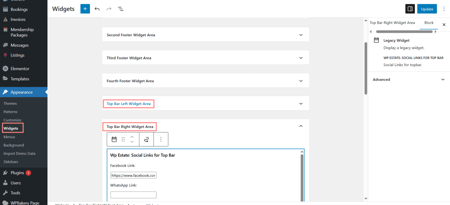 Top Bar Header WIDGETS - WPRentals Theme Documentation