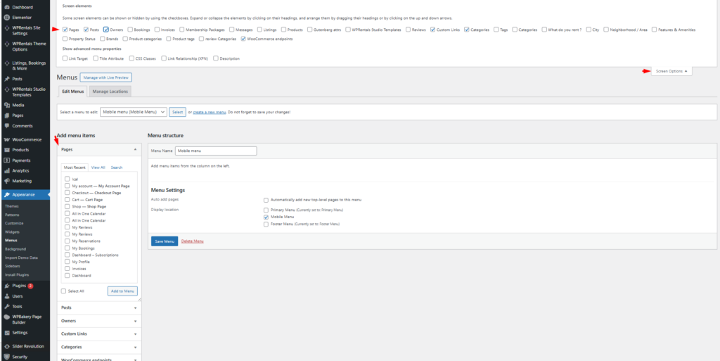 Mobile Menu Management in WP Rentals - WPRentals Theme Documentation