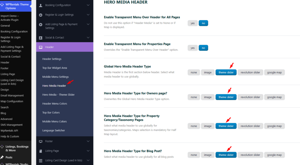 Theme Options > Theme Slider for Hero Media - WPRentals Theme Documentation