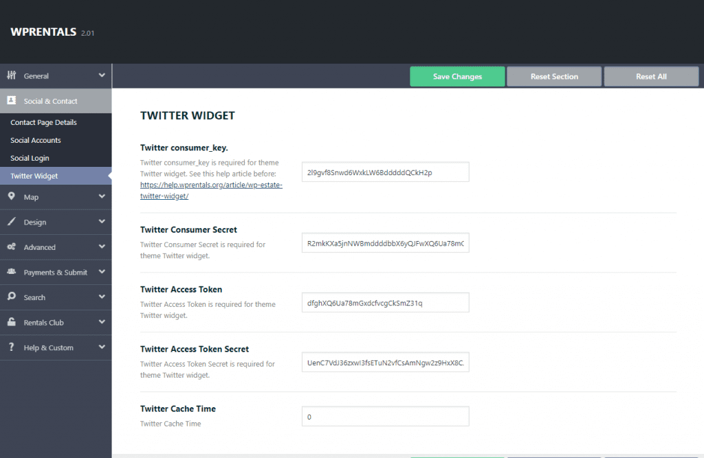 Theme options - Twitter Widget - WPRentals Theme Documentation