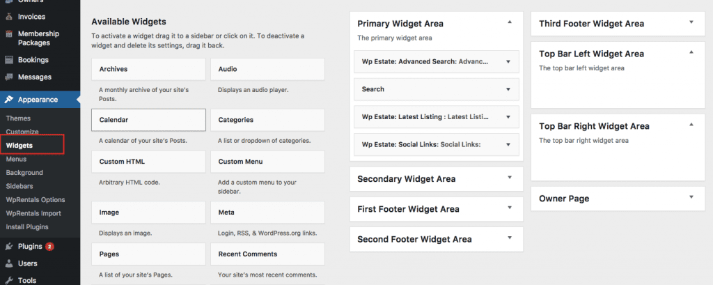 Top Bar Header WIDGETS - WPRentals Theme Documentation