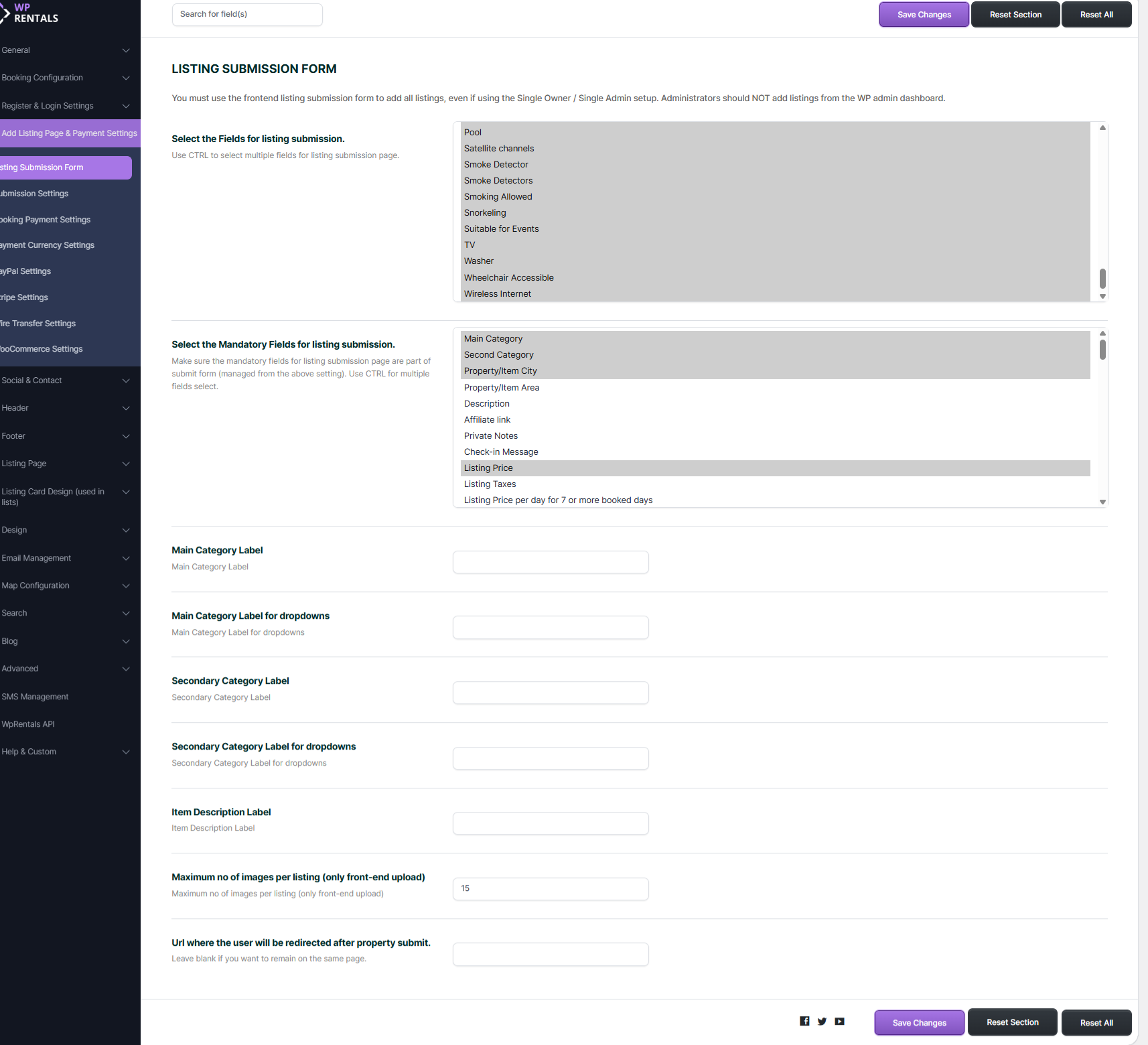 WPRentals Listing Submission Form settings