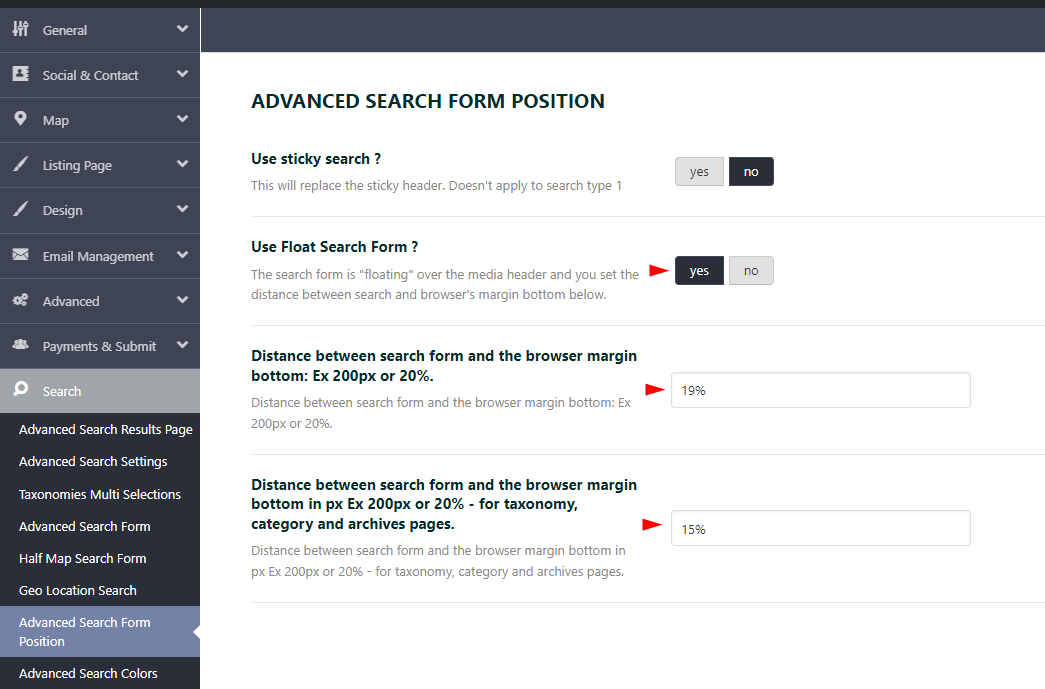 Theme Options - Advanced Search Form Position - WP Rentals Help