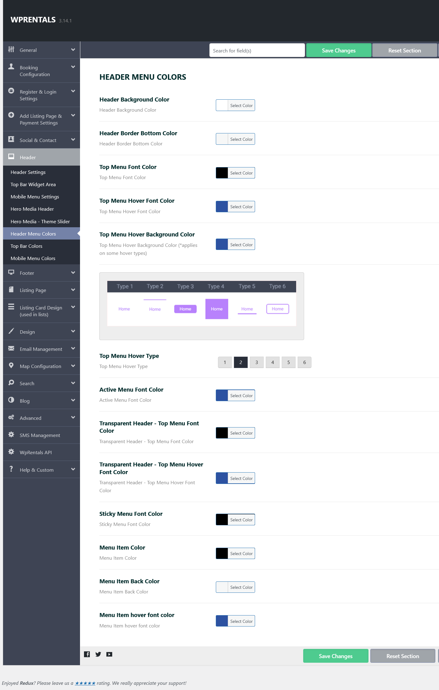 Theme options - Main Menu & Top Bar Design - WPRentals Theme Documentation