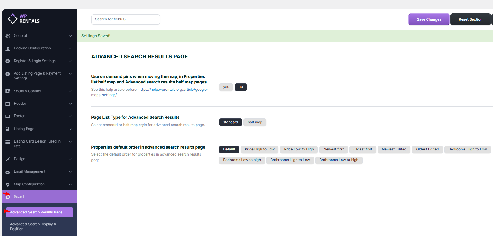 Advanced Search Results Page options