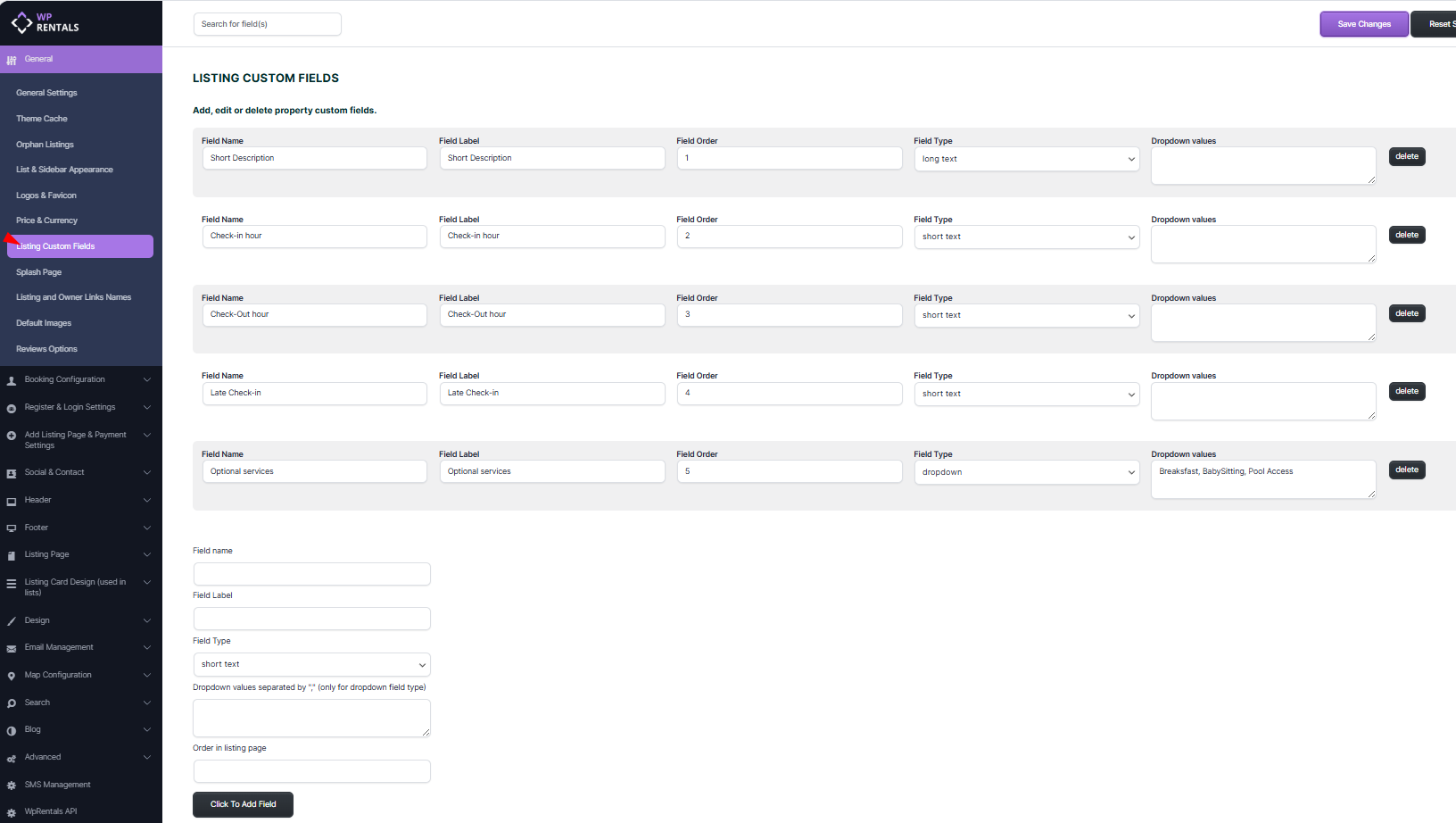 Listing Custom Fields settings in WPRentals Theme Options