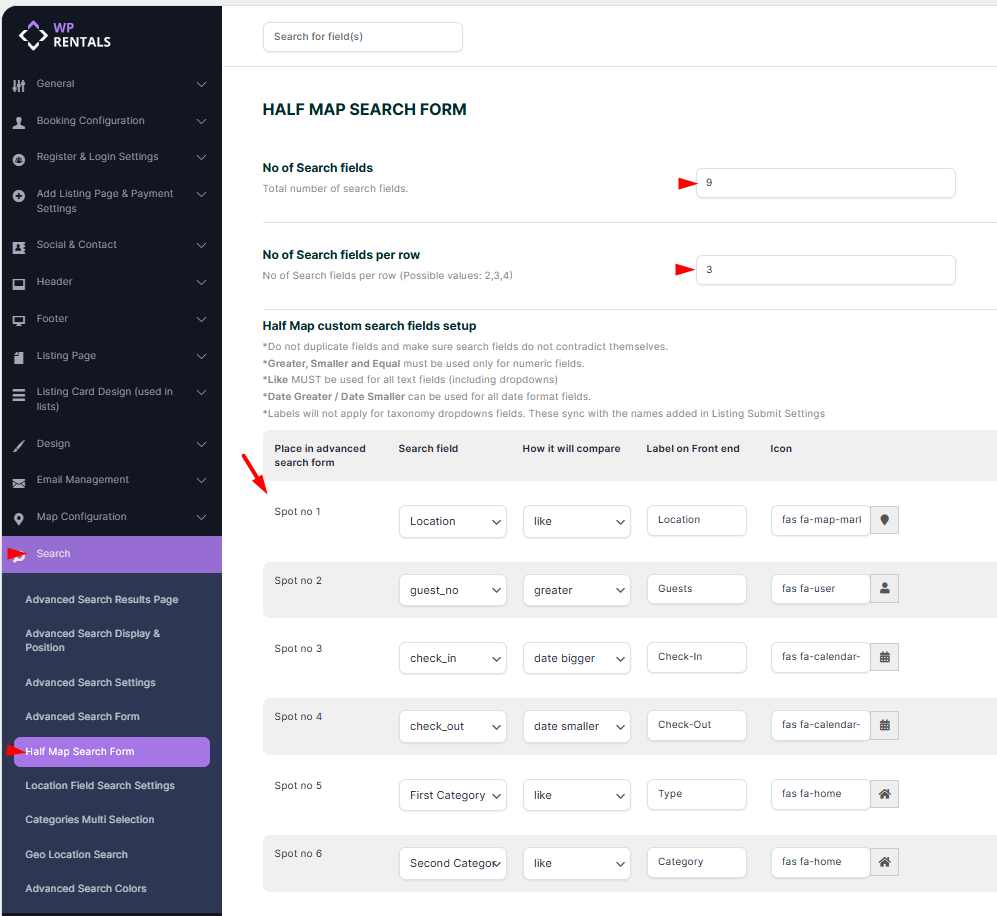 Half Map Search Form settings
