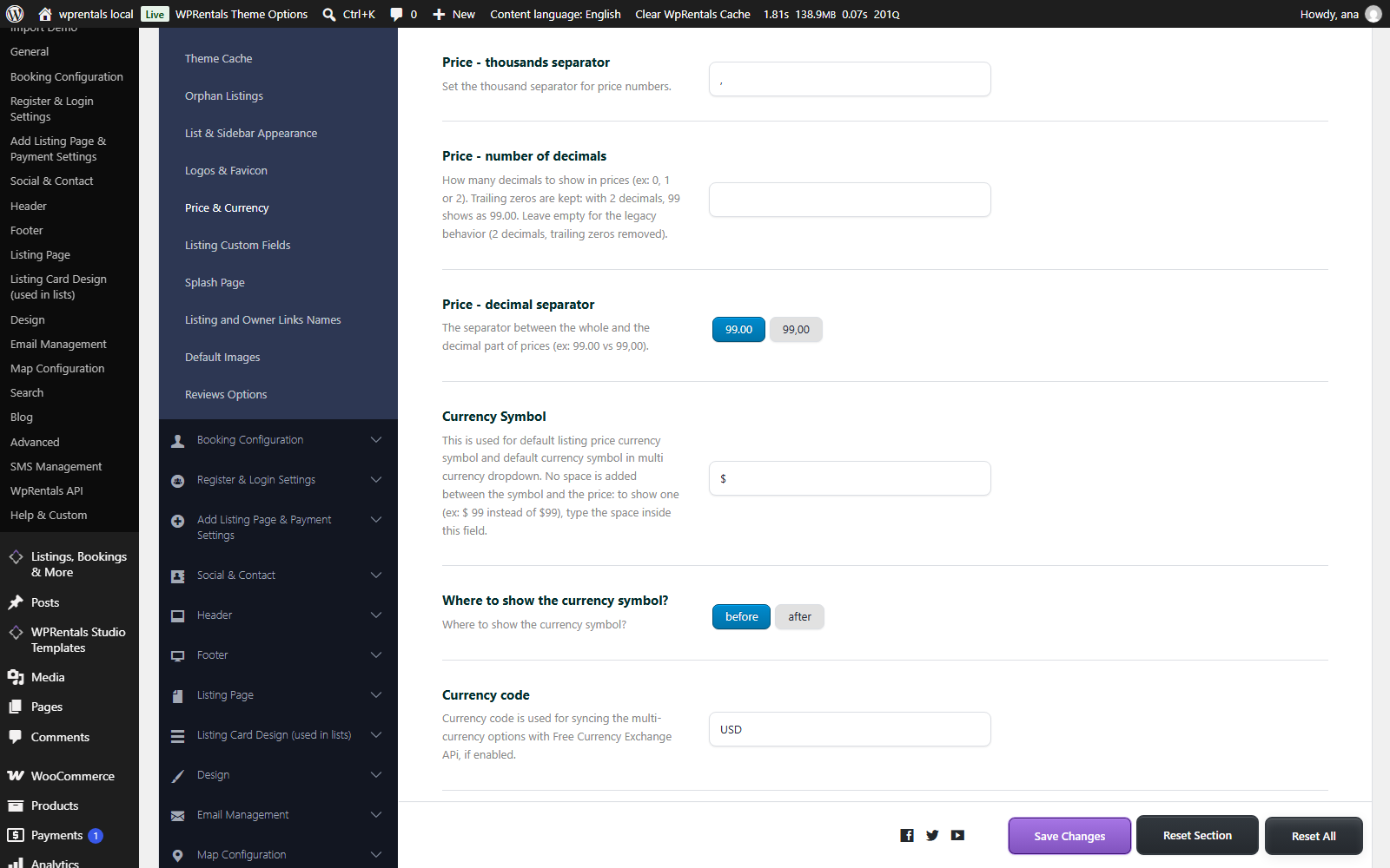 Price and Currency options in WPRentals Theme Options