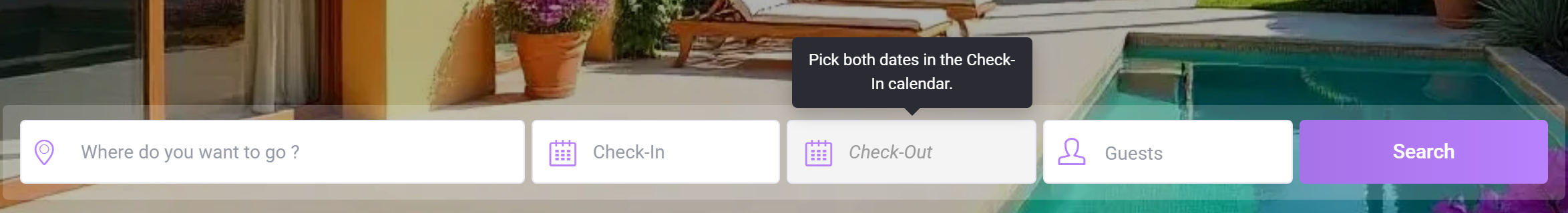 Hovering the Check-Out field shows the message Pick both dates in the Check-In calendar