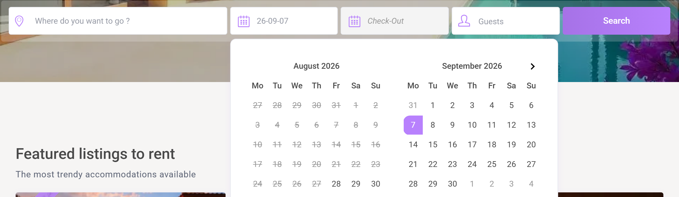 The calendar open with the arrival date chosen and the Check-Out field still empty