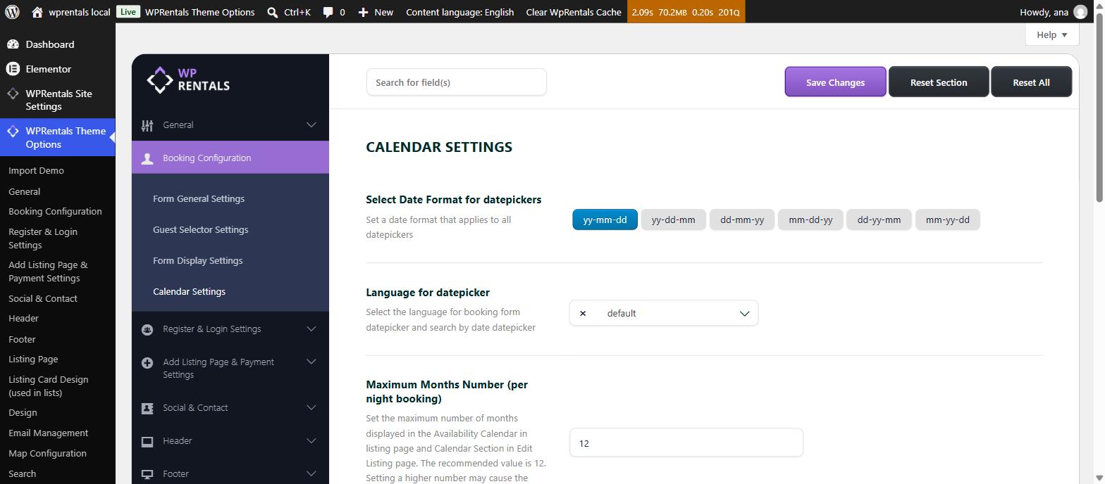 WPRentals Theme Options with Booking Configuration and the Calendar Settings tab selected