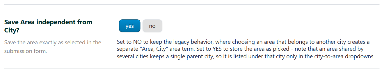 The Save Area independent from City option set to yes
