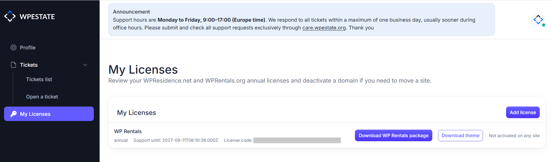 The My Licenses page on care.wpestate.org, with My Licenses selected in the left menu and a WP Rentals license listed with the Download WP Rentals package and Download theme buttons. The license code is hidden in this example.