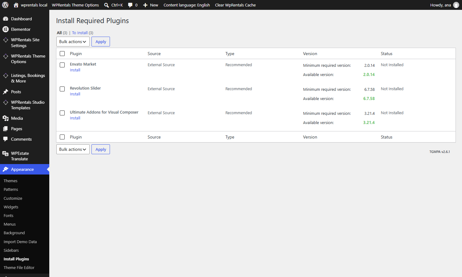 Appearance Install Plugins screen with Install Plugins selected in the menu, listing the plugins that are not installed yet with an Install link under each one