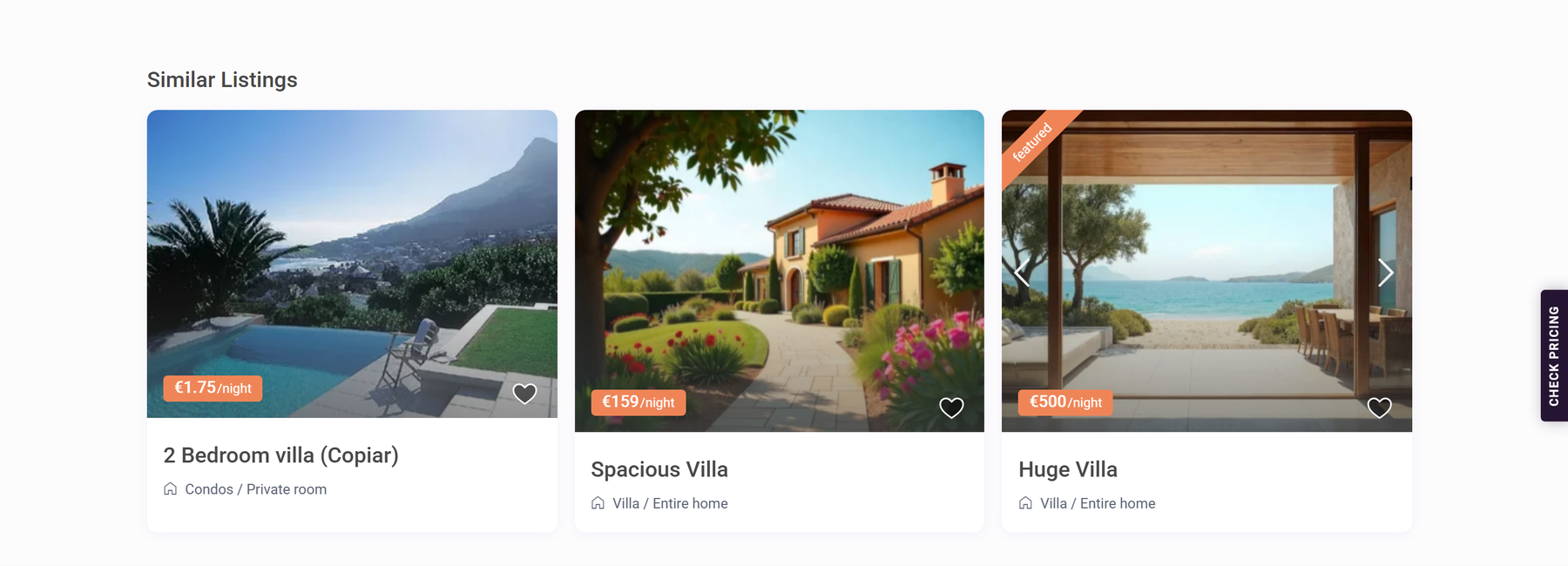 The Similar Listings row at the bottom of a WPRentals property page, showing three property cards