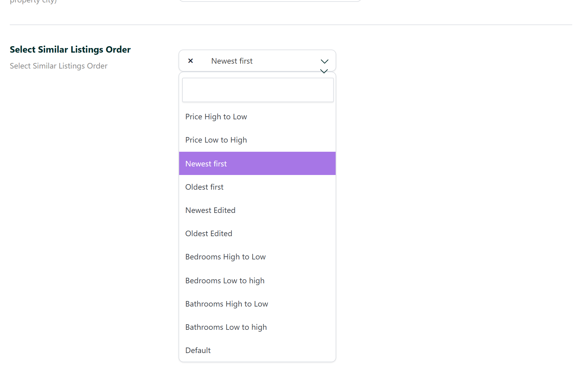The Similar Listings order dropdown open, listing all the available sort options