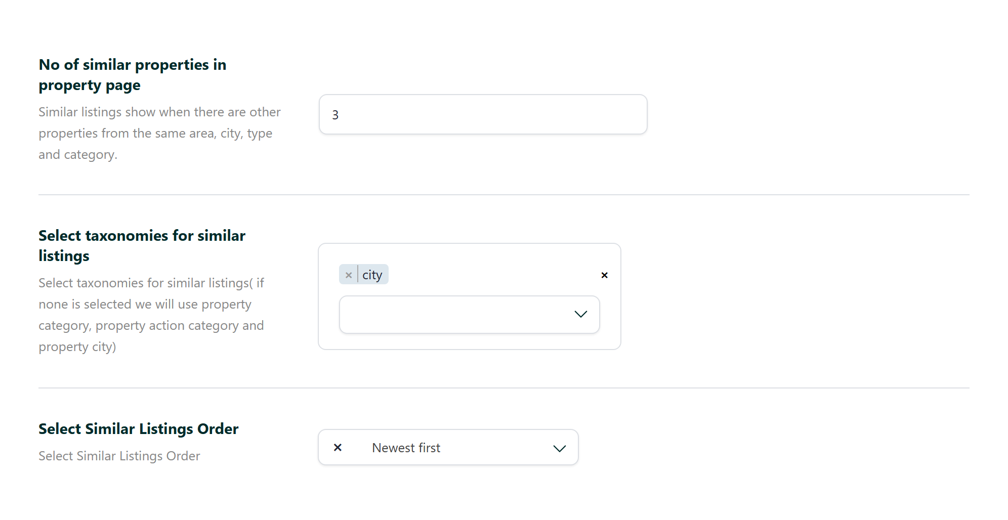 Close-up of the three Similar Listings settings: number of properties, taxonomies and order