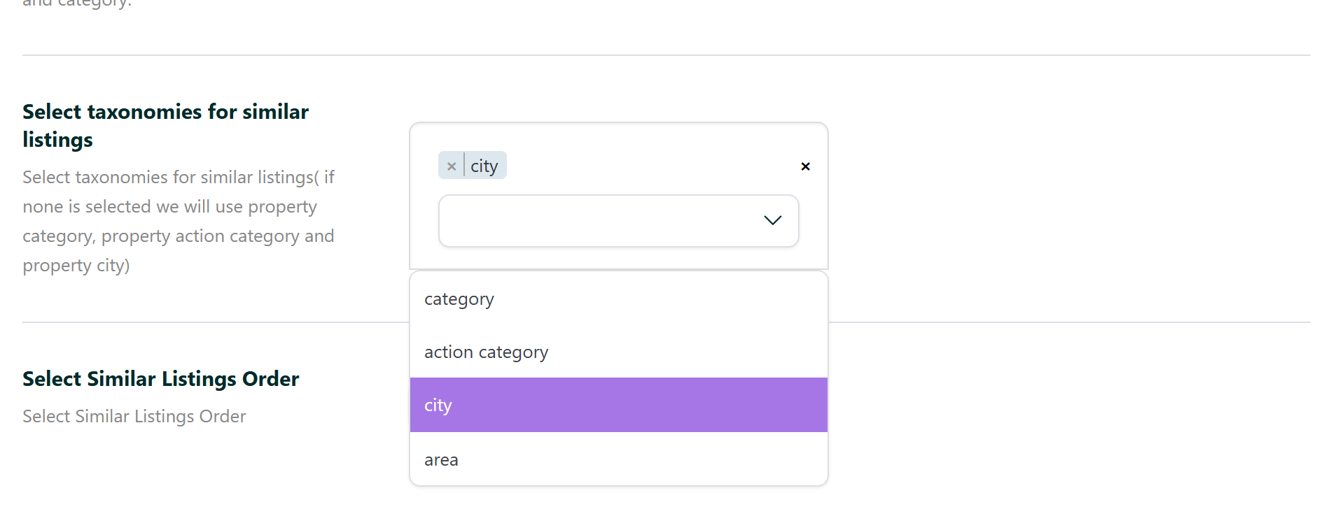 The taxonomy selector open, showing the four choices: category, action category, city and area