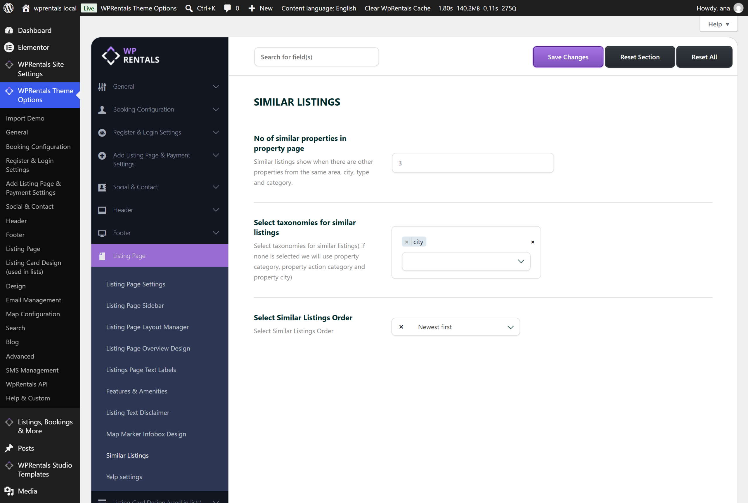 WPRentals Theme Options with the Listing Page group open and the Similar Listings sub-tab selected
