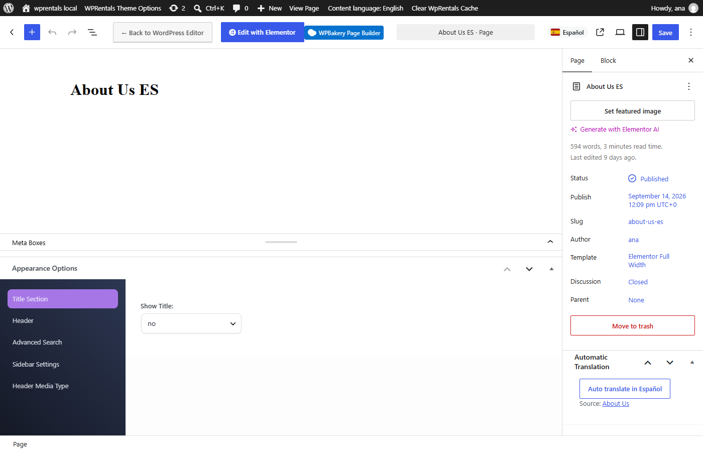 Auto translate button in the Automatic Translation box of the page editor