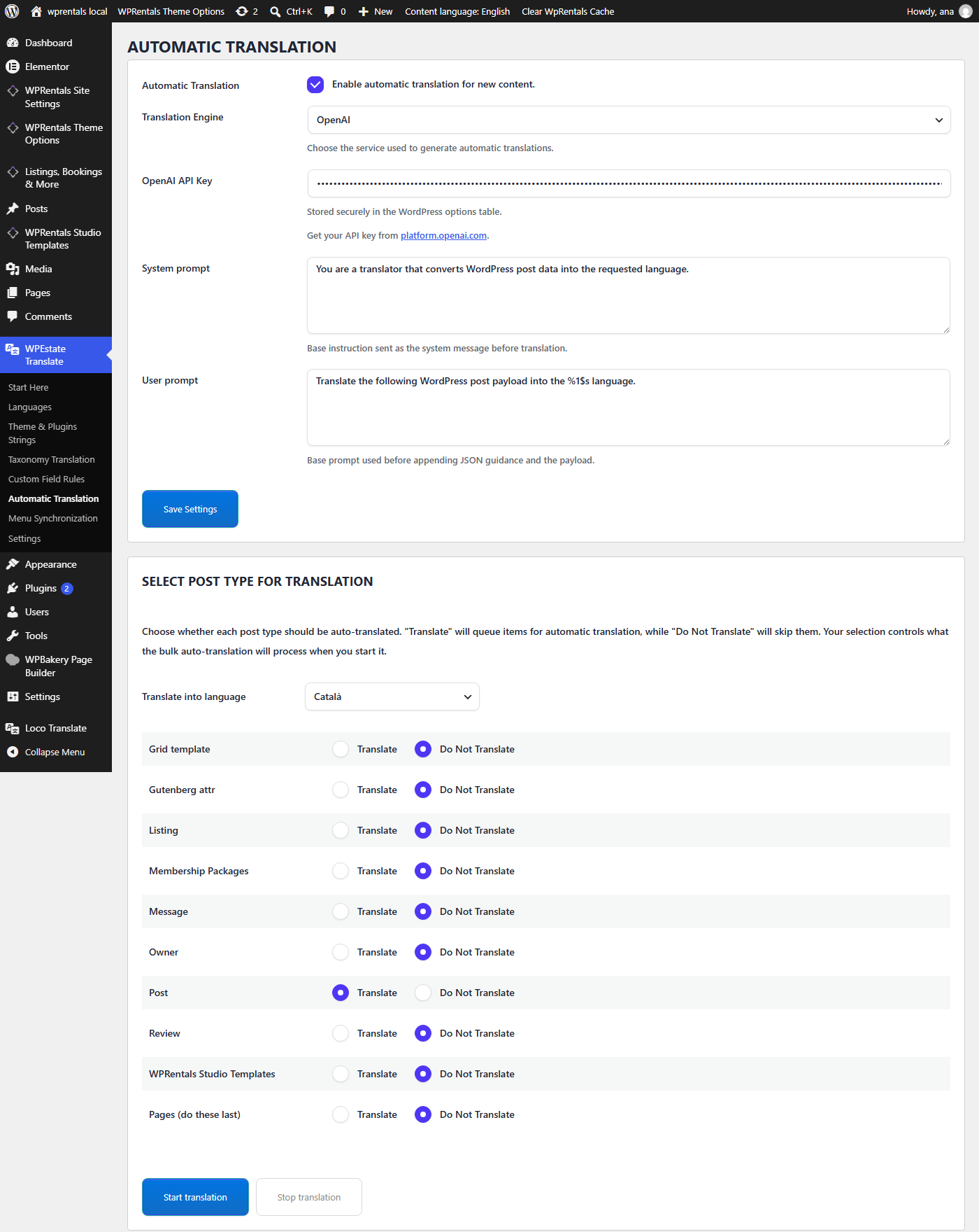WPEstate Translate Automatic Translation settings and bulk translation by post type