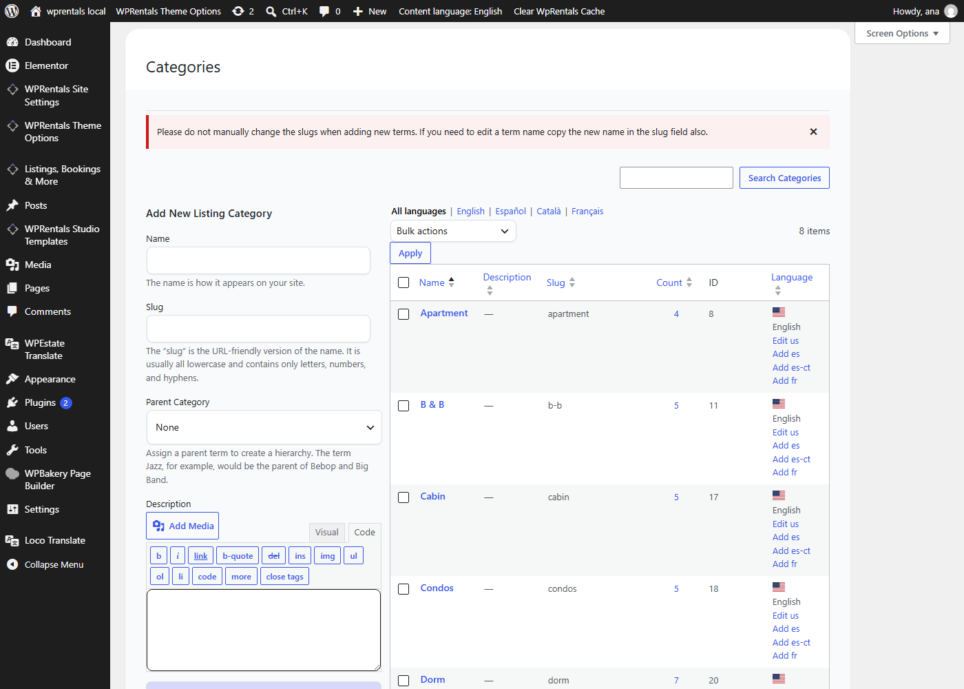 Listing Categories list with the Language column and the Add translation links