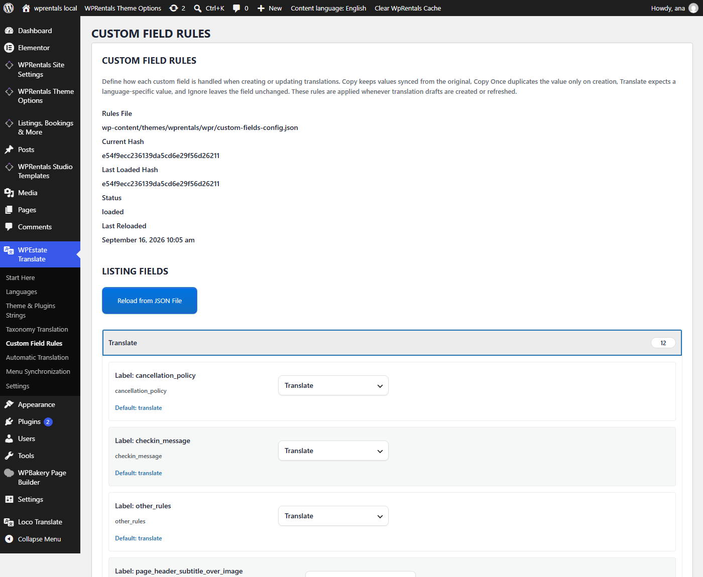Custom Field Rules screen with the Listing Fields Translate group open