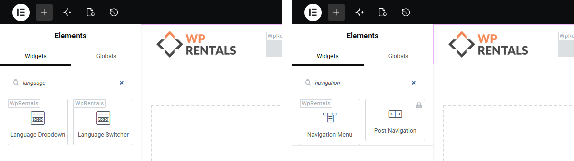Language Switcher and Navigation Menu widgets in the Elementor panel