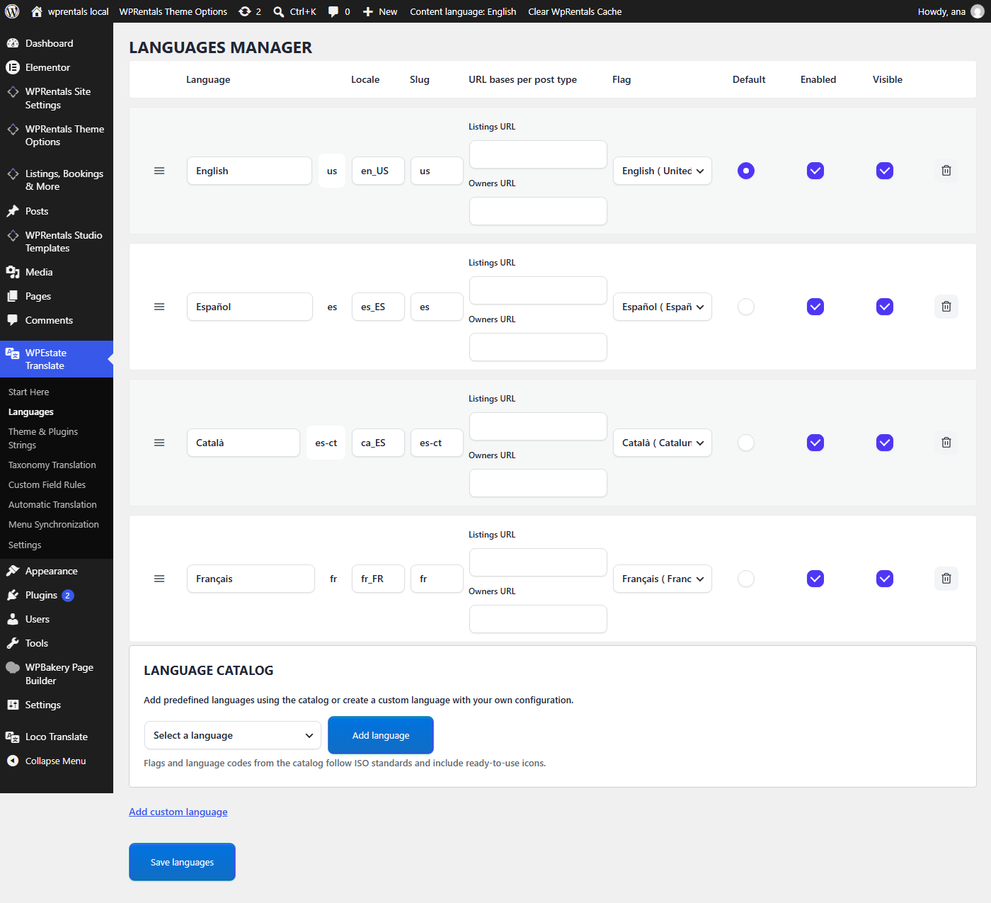 WPEstate Translate Languages Manager with the default language selected