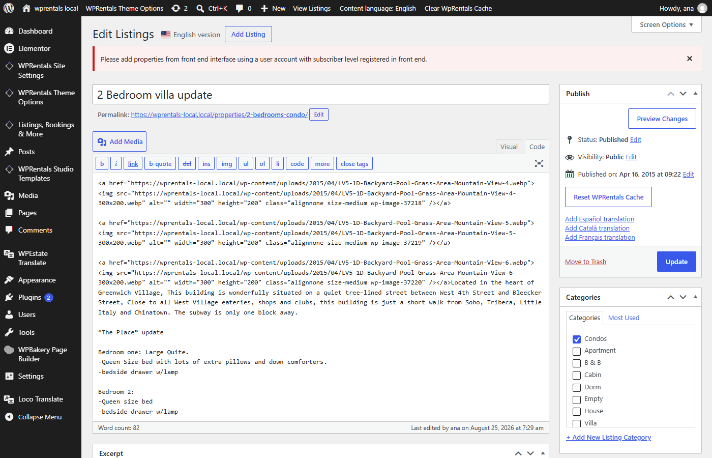 Listing edit page with the Add translation links in the Publish box