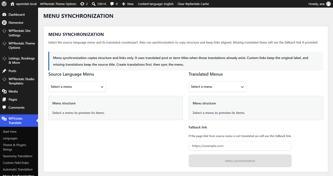 Menu Synchronization screen in WPEstate Translate