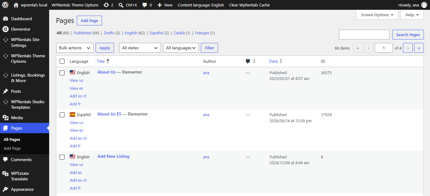 Pages list with the Language column and the Add and View translation links