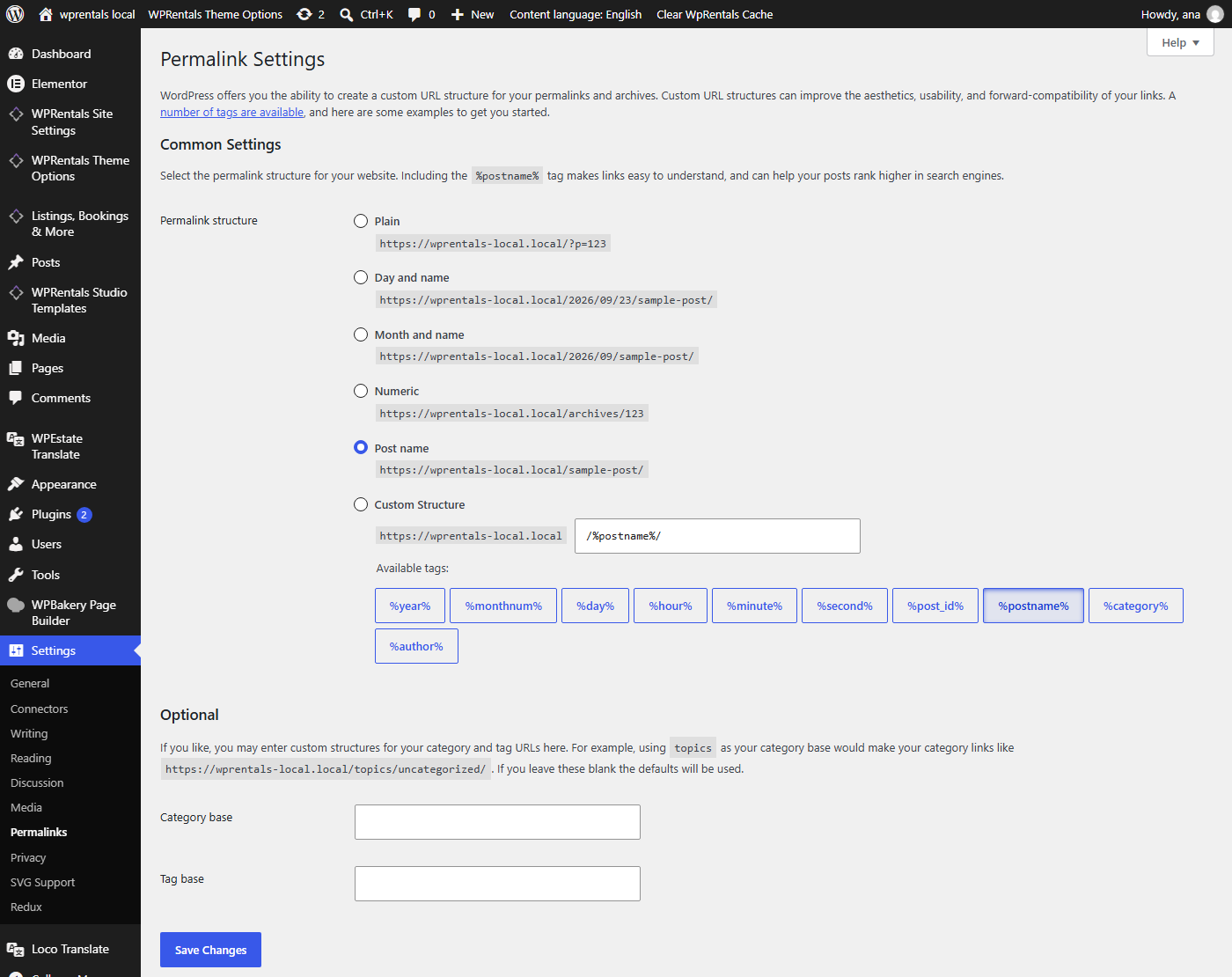 Settings Permalinks screen with Post name selected and the Save Changes button