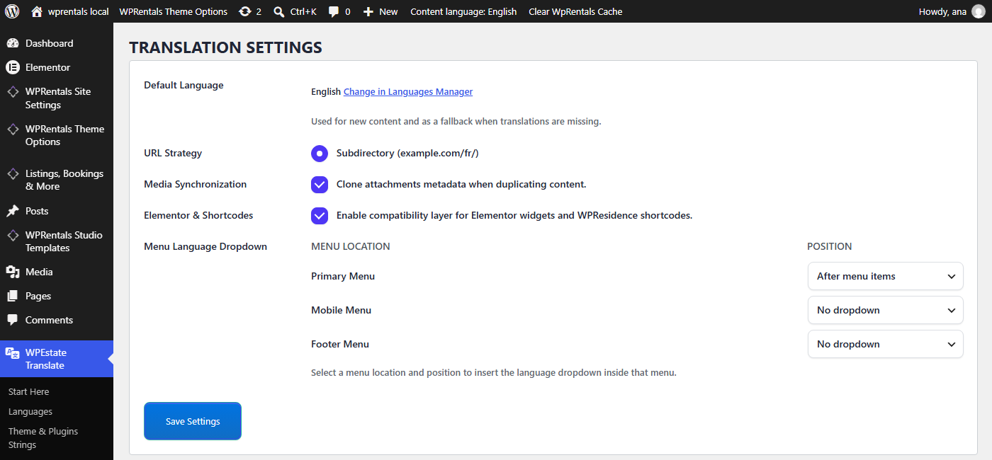 Menu Language Dropdown in WPEstate Translate Settings