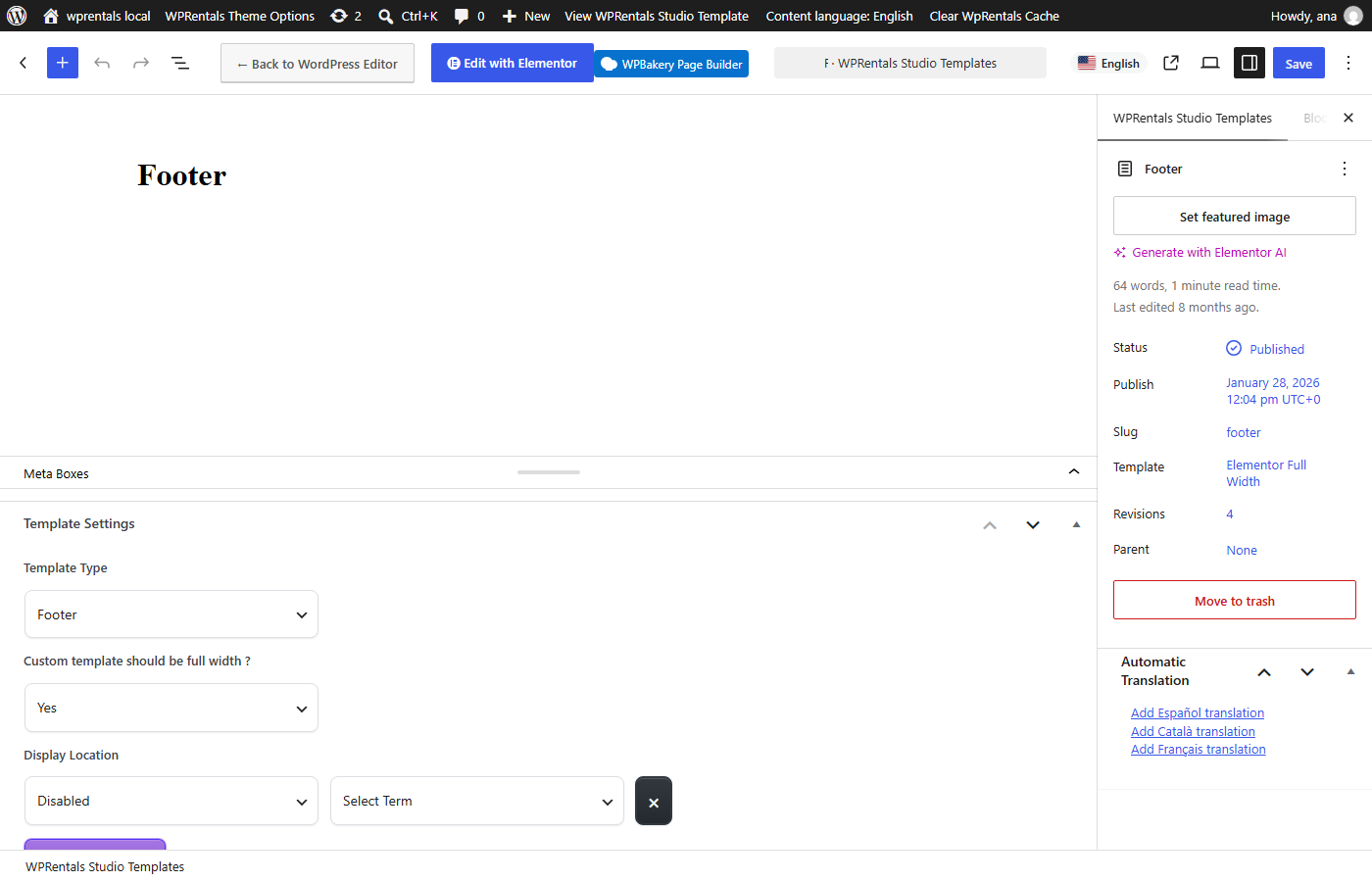 Studio template editor with Edit with Elementor and the Add translation links