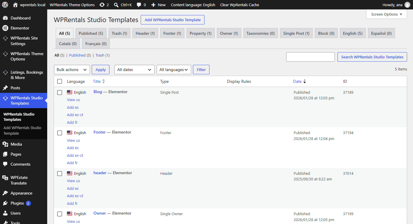 WPRentals Studio Templates list with the Language column and the Add translation links