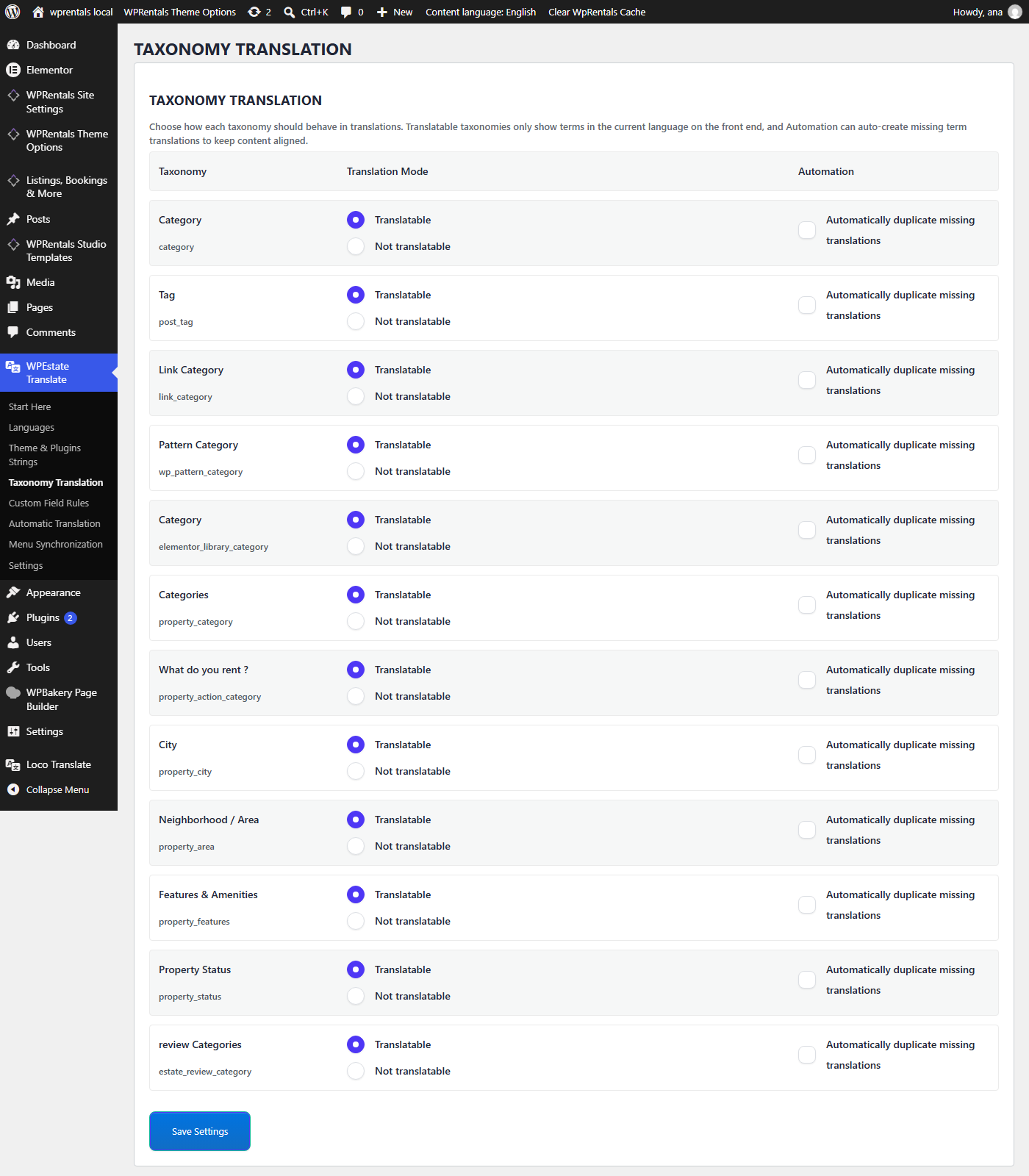 Taxonomy Translation settings in WPEstate Translate