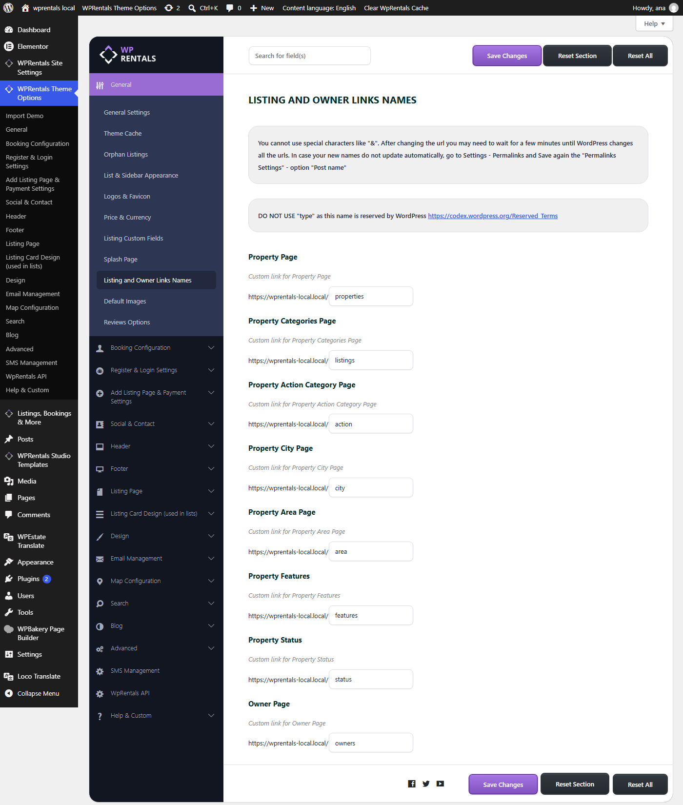 Listing and Owner Links Names in WPRentals Theme Options