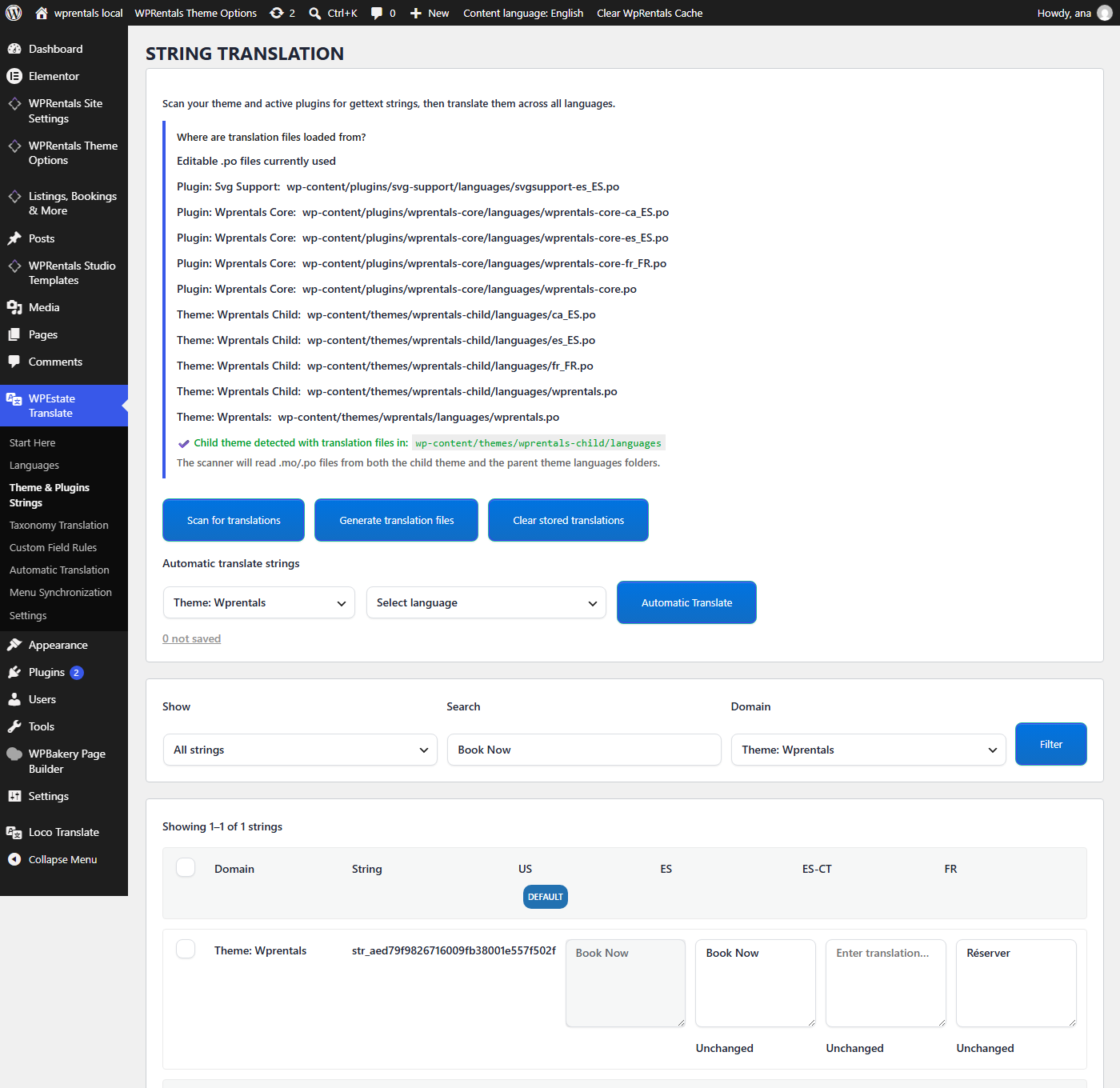Theme and Plugins Strings screen in WPEstate Translate, with the .po files list and a translated text