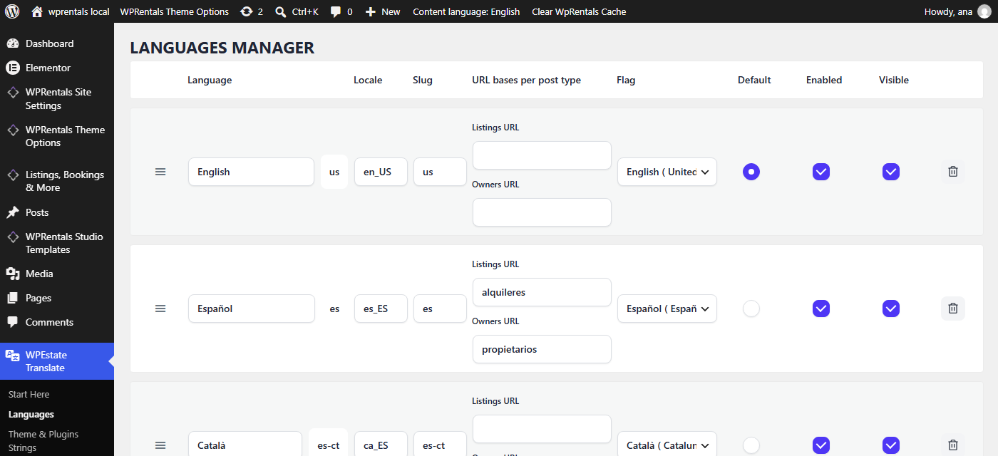 Listings URL and Owners URL fields for Spanish in the Languages Manager