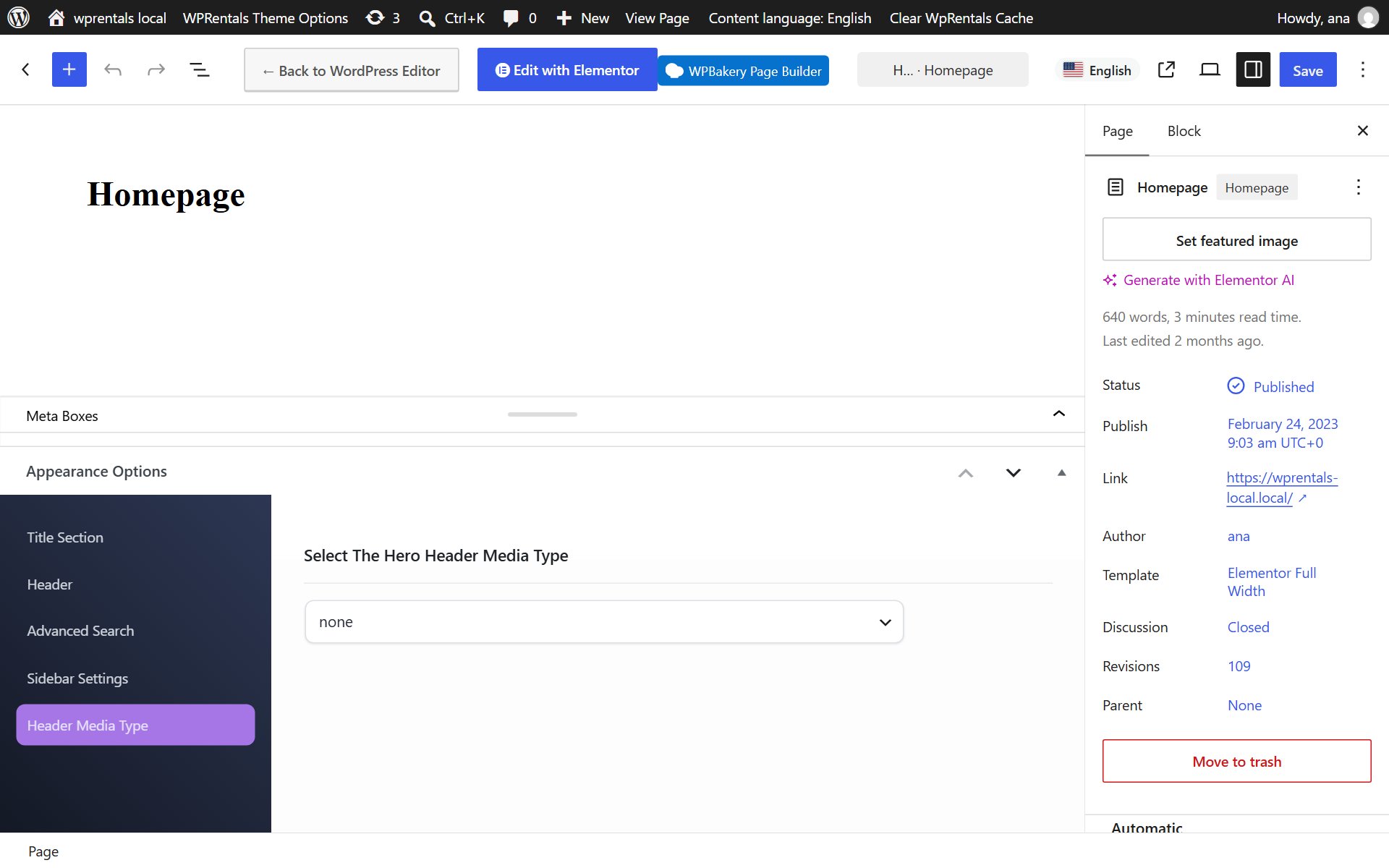WordPress page editor with the Appearance Options box open on the Header Media Type tab