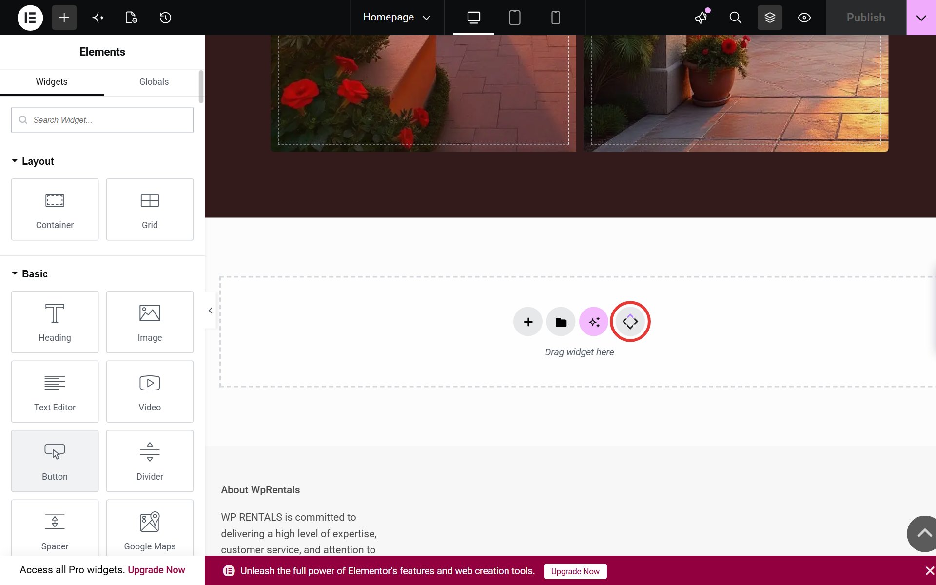 Elementor editor with the WPRentals Templates button marked in the Drag widget here area at the bottom of the page