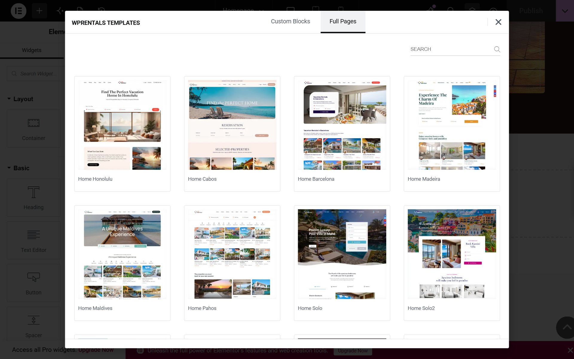 WPRentals Templates window on the Full Pages tab showing the demo homepage designs